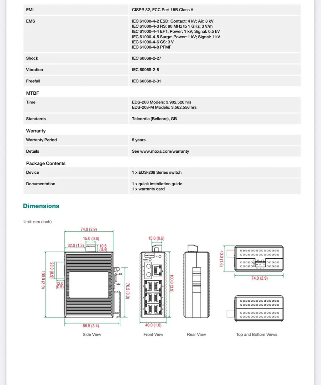 8-port Switch EDS-208 Entry-level Unmanaged Ethernet Switch with 8 10/100BaseT X Ports Industrial 10/100mb Network RS485 233