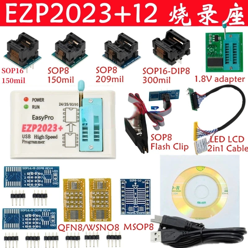 EZP2023 USB High-speed Programmer 24/25/93/95Bois 2019/2010 6 SOCKET 12 Adaptors