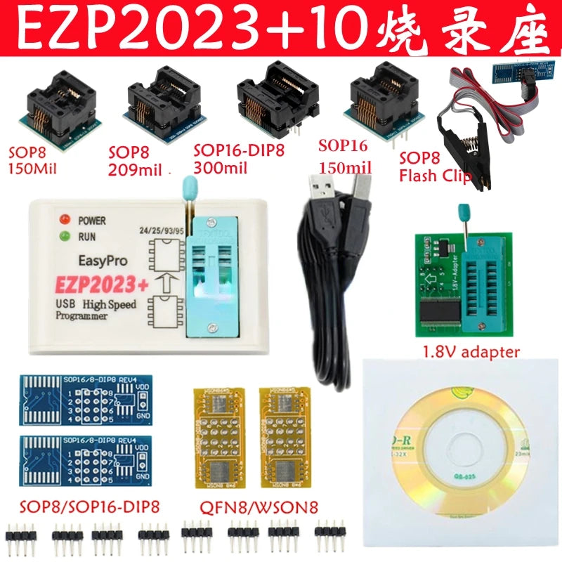 EZP2023 USB High-speed Programmer 24/25/93/95Bois 2019/2010 6 SOCKET 12 Adaptors